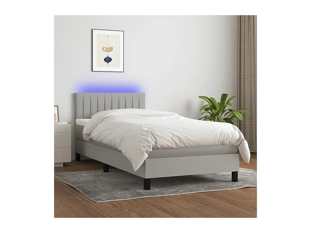 Conjunto Boxspring - 90x190 cm + Somieres + colchón + luces LED tela gris claro ES42223