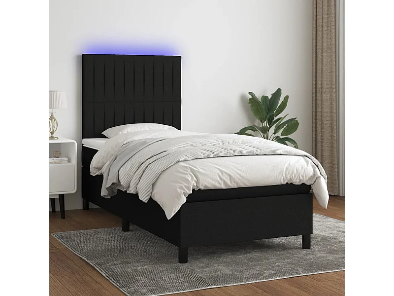 Conjunto Boxspring - 90x200 cm + Somieres + colchón + luces LED tela negro ES43737