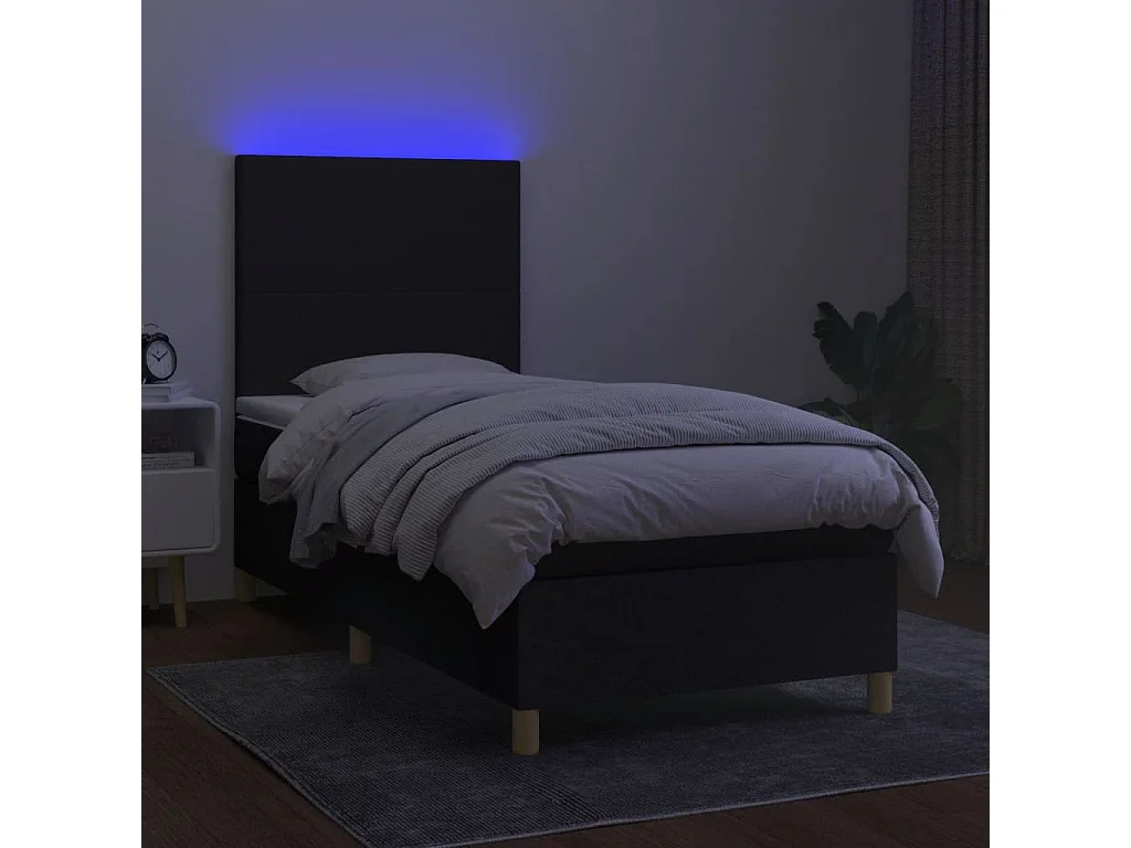 Conjunto Boxspring - 90x200 cm + Somieres + colchón + luces LED tela negro ES43743