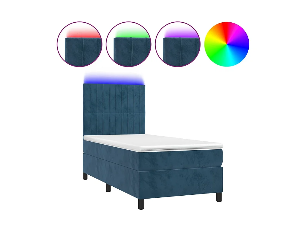 Conjunto Boxspring - 90x190 cm + Somieres + colchón + LED terciopelo azul oscuro ES42301
