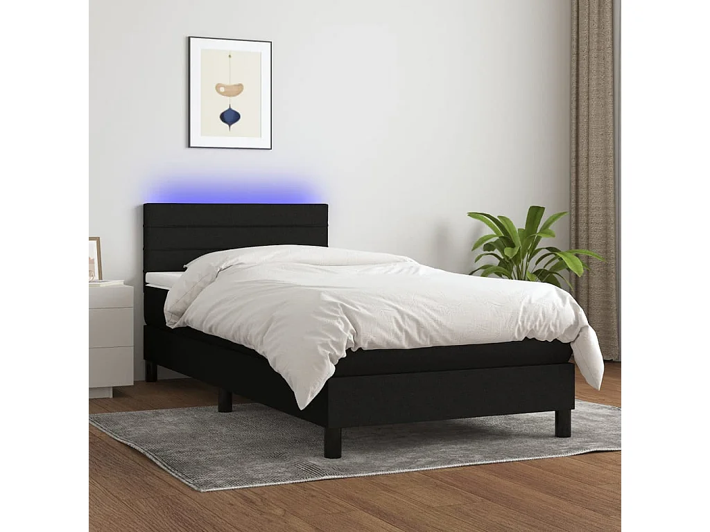 Conjunto Boxspring - 100x200 cm + Somieres + colchón + luces LED tela negro ES44647