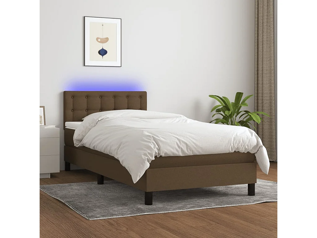 Conjunto Boxspring - 90x200 cm + Somieres + colchón + luces LED tela marrón oscuro ES42986
