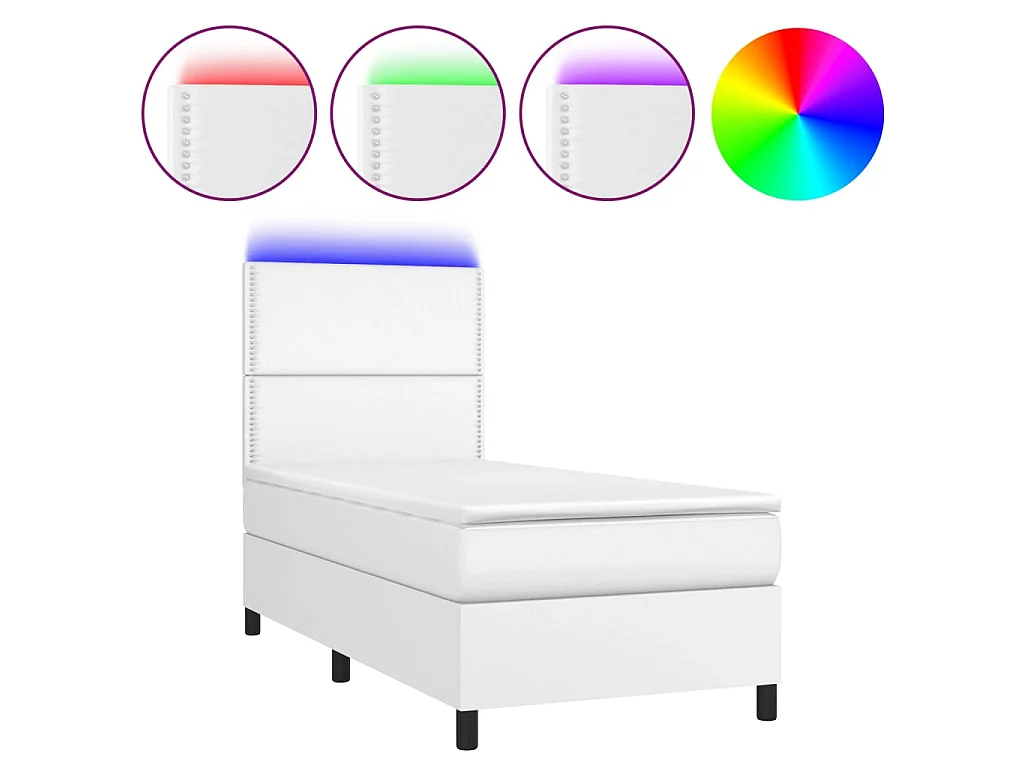 Cama continental c/ colchão/LED 80x200cm couro artificial branco PT363982