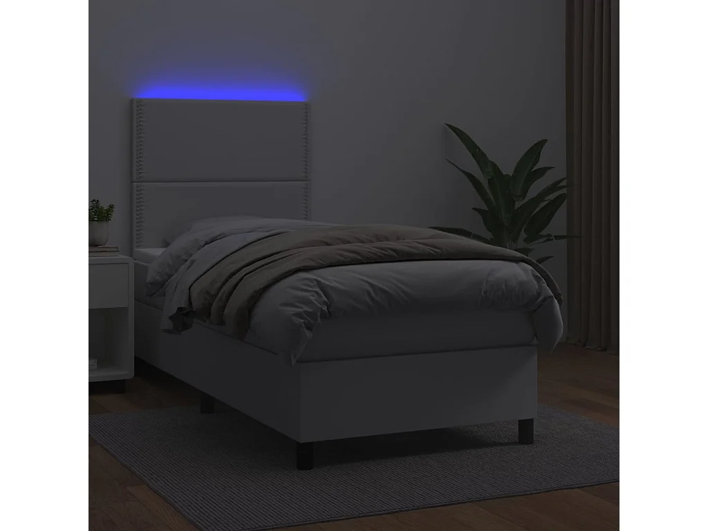 Cama continental c/ colchão/LED 80x200cm couro artificial branco PT363982