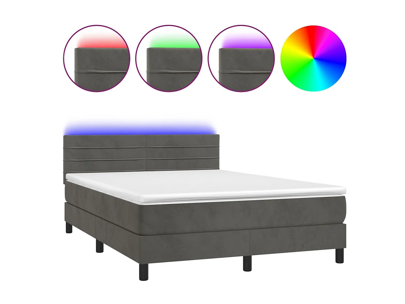 Cama continental c/ colchão/LED 140x190cm veludo cinzento-escuro PT845351