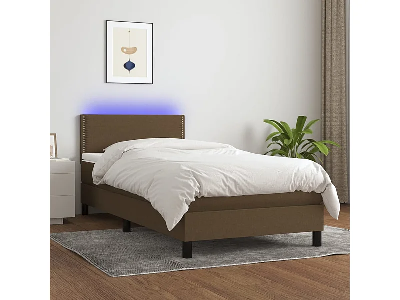 Conjunto Boxspring - 90x200 cm + Somieres + colchón + luces LED tela marrón oscuro ES42816