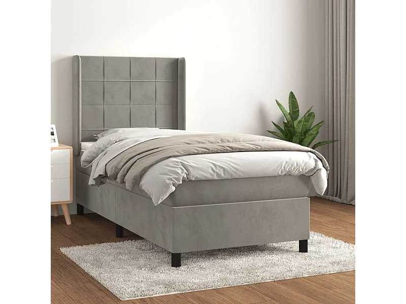 Cama continental com molas+ colchão 90x190 cm veludo cinza-claro PT111566