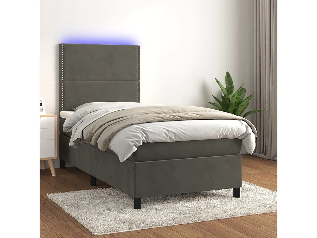 Cama continental c/ colchão/LED 100x200cm veludo cinzento-escuro PT487010