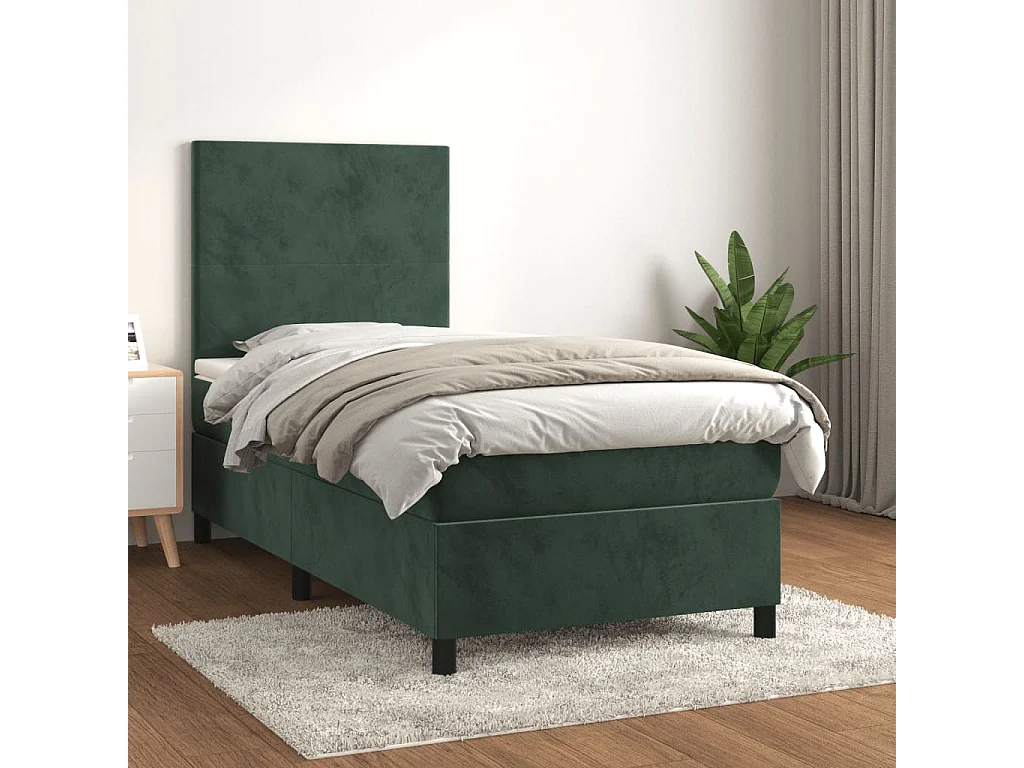 Cama continental com molas+ colchão 100x200 cm veludo verde-escuro PT374357