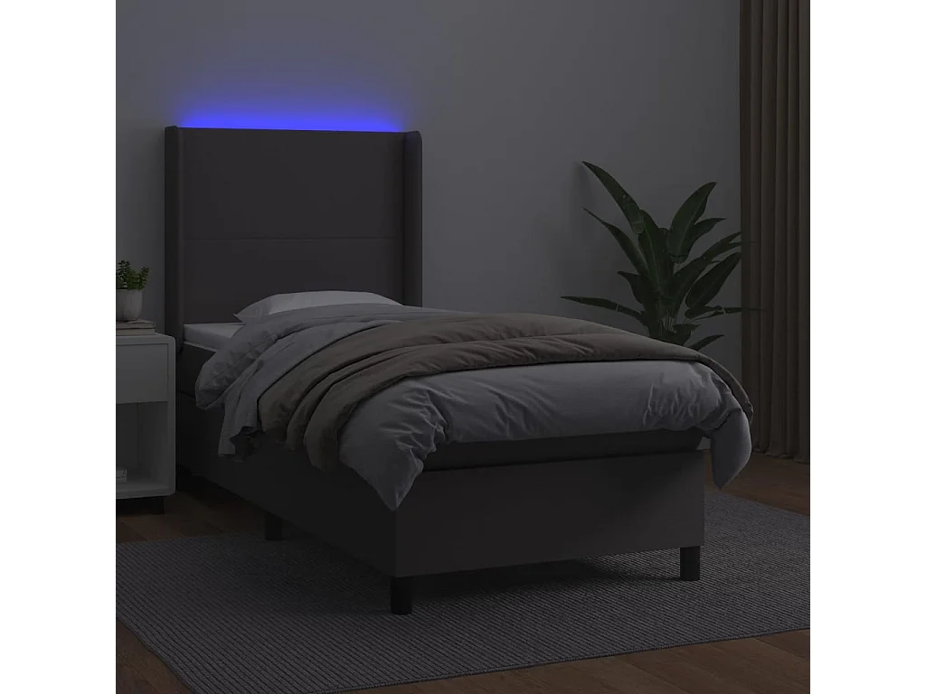 Cama continental c/ colchão/LED 90x190 cm couro artificial cinza PT368301