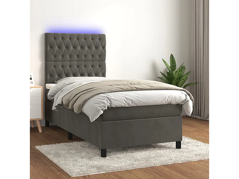 Conjunto Boxspring - 80x200 cm + Somieres + colchón + LED terciopelo gris oscuro ES43373