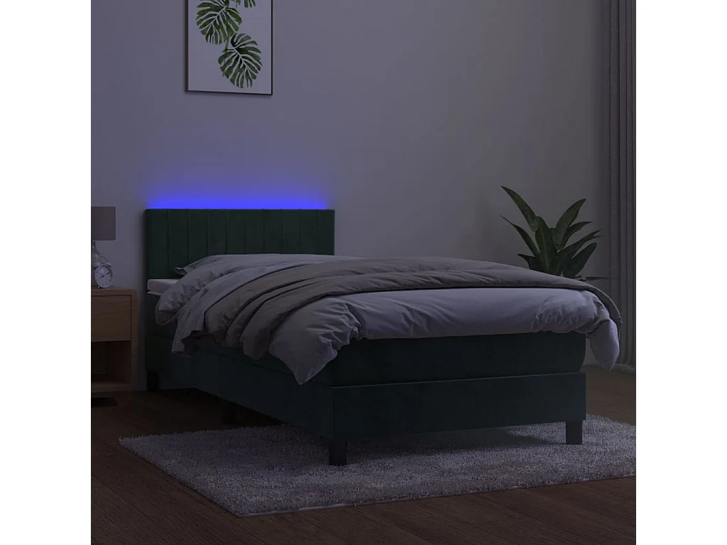 Conjunto Boxspring - 90x200 cm + Somieres + colchón + LED terciopelo verde oscuro ES42608