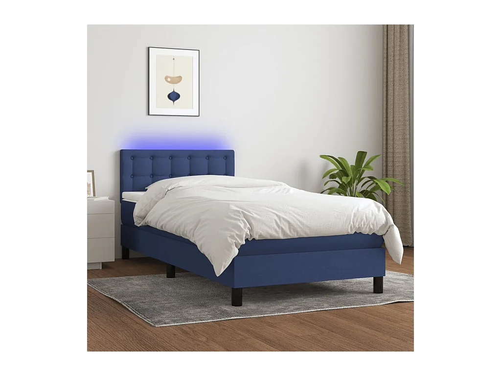 Conjunto Boxspring - 90x200 cm + Somieres + colchón + luces LED tela azul ES44519