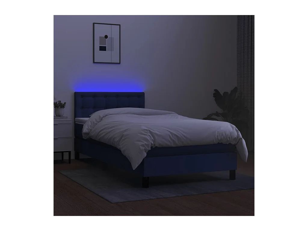 Conjunto Boxspring - 90x200 cm + Somieres + colchón + luces LED tela azul ES44519