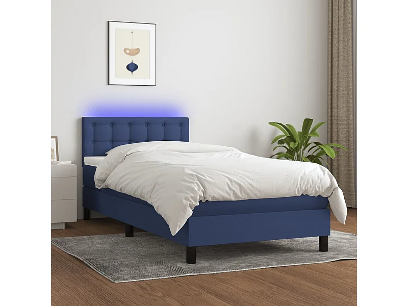 Conjunto Boxspring - 90x200 cm + Somieres + colchón + luces LED tela azul ES44519