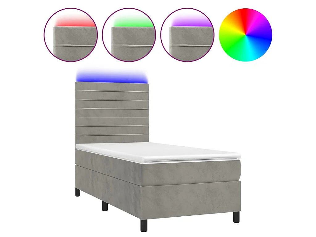 Cama continental c/ colchão/LED 90x190 cm veludo cinzento-claro PT538912