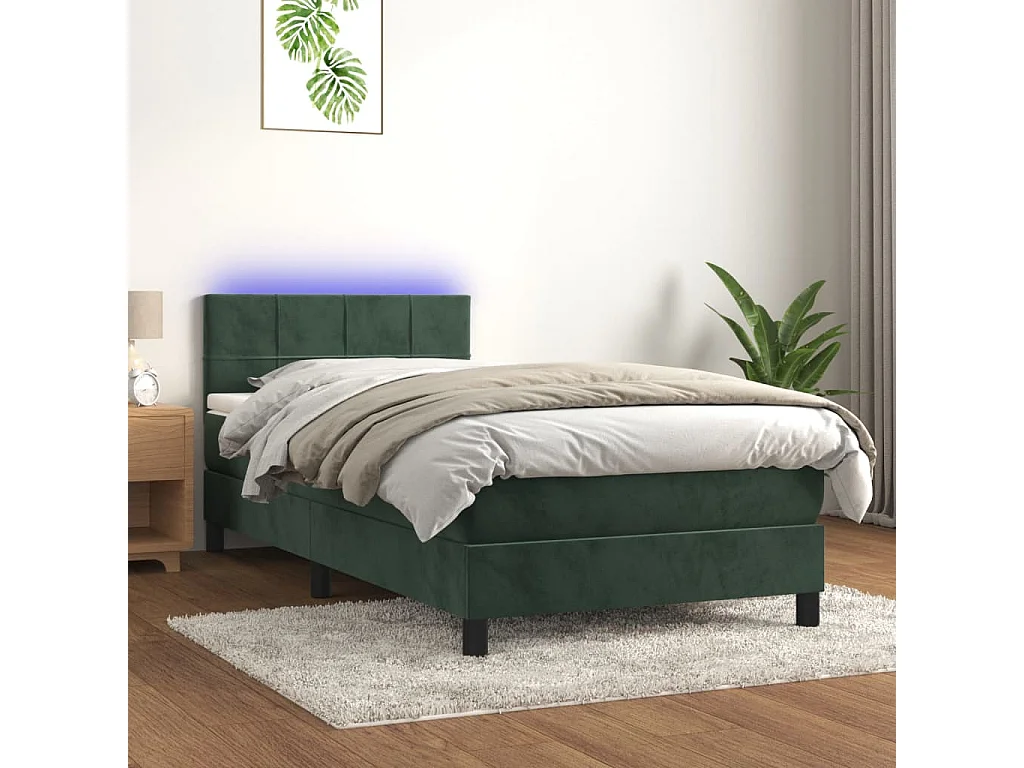 Cama continental c/ colchão/LED 90x200 cm veludo verde-escuro PT795227