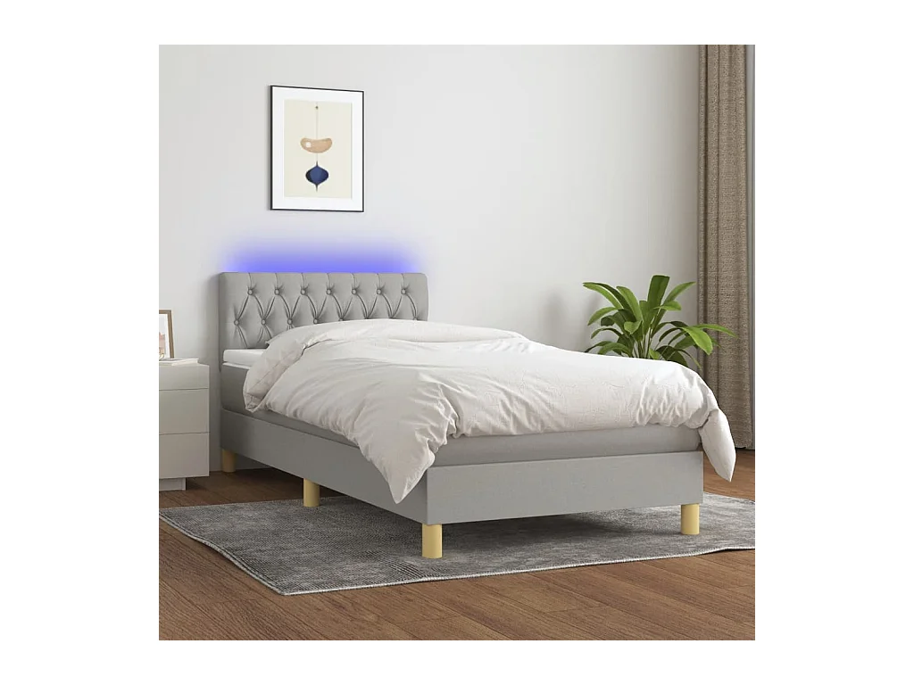 Conjunto Boxspring - 90x200 cm + Somieres + colchón + luces LED tela gris claro ES43434