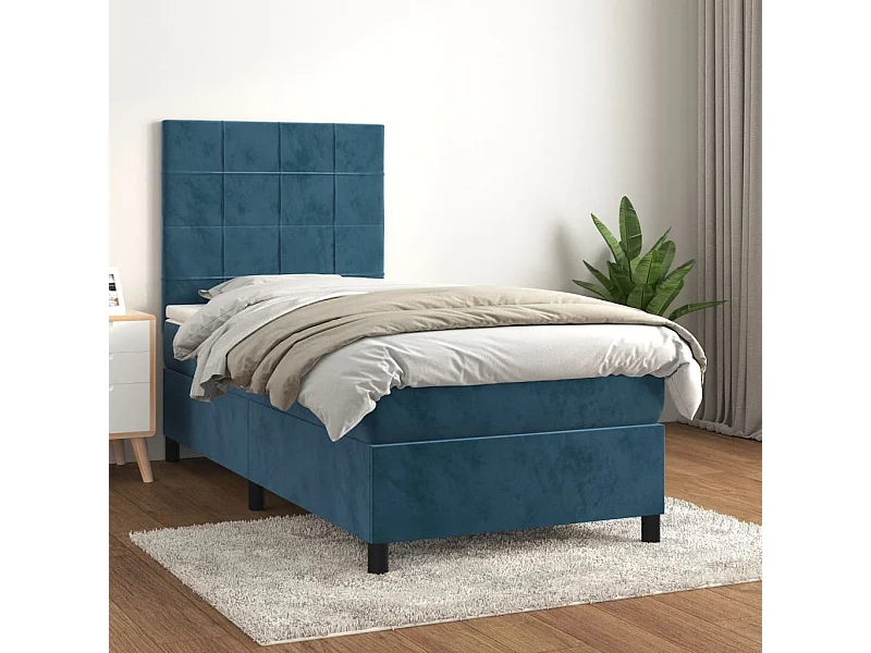 Cama continental com molas+ colchão 90x190 cm veludo azul-escuro PT639528