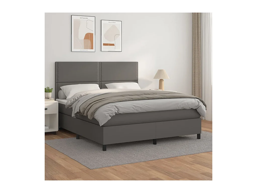 Ensemble complet boxspring - 180x200 cm + sommier tapissier + matelas Gris Similicuir SRGW37175
