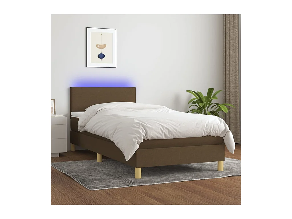 Conjunto Boxspring - 90x200 cm + Somieres + colchón + luces LED tela marrón oscuro ES43376