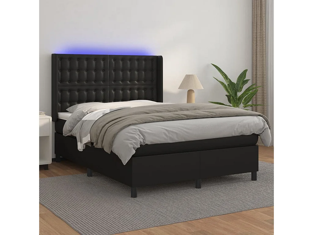 Ensemble complet boxspring - 140x190 cm + sommier à lattes de lit+ matelas LED Noir Similicuir SRGW46097