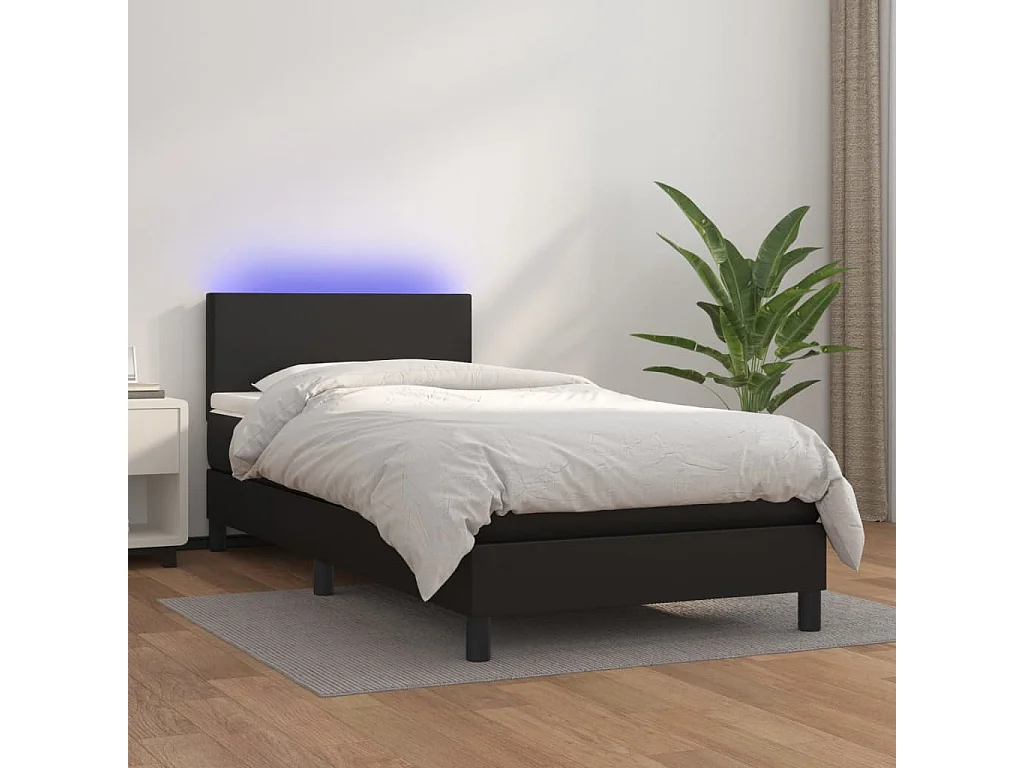 Cama continental c/ colchão/LED 90x190 cm couro artificial preto PT814157