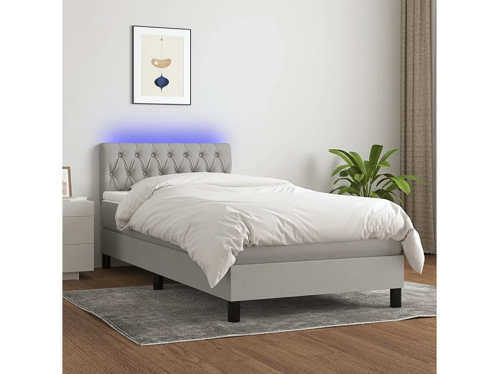 Conjunto Boxspring - 90x200 cm + Somieres + colchón + luces LED tela gris claro ES43733