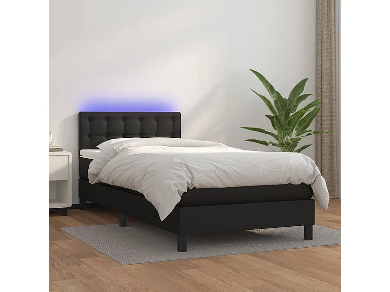 Cama continental c/ colchão/LED 100x200cm couro artificial preto PT607899
