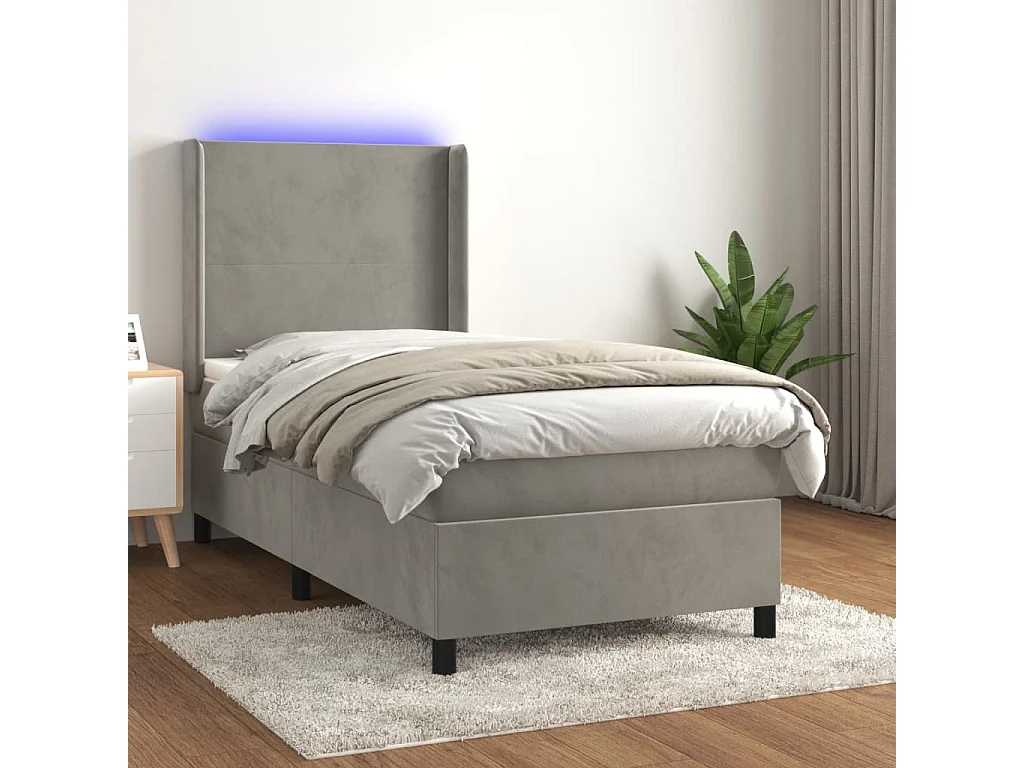 Conjunto Boxspring - 90x200 cm + Somieres + colchón + LED terciopelo gris claro ES43276