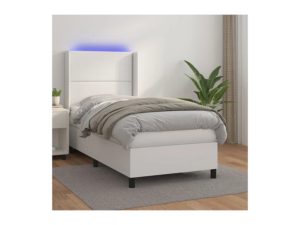 Cama continental c/ colchão/LED 80x200cm couro artificial branco PT418222