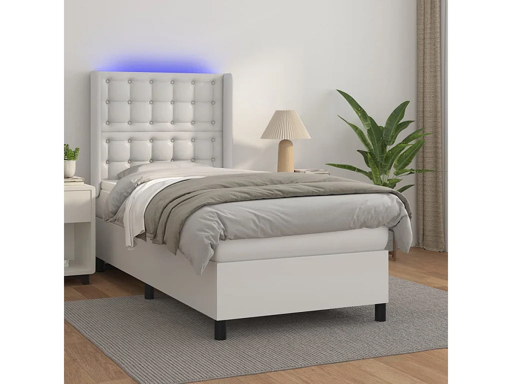 Cama continental c/ colchão/LED 80x200cm couro artificial branco PT489767