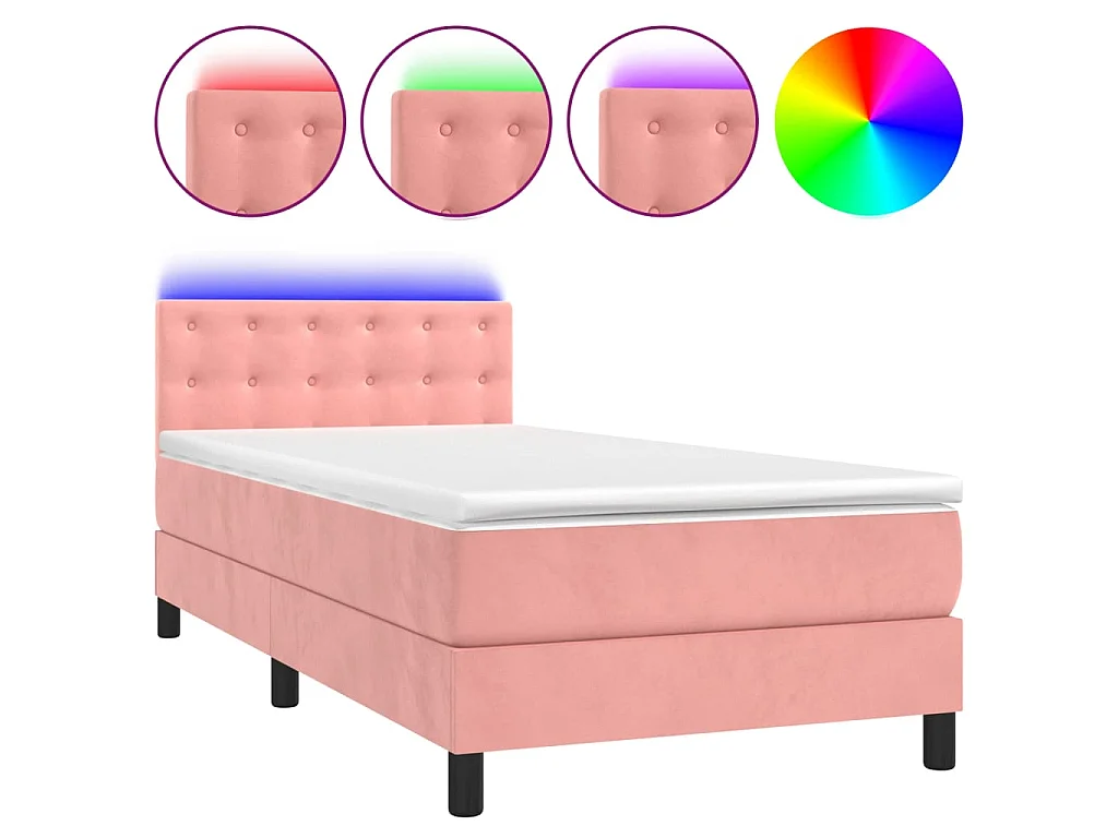 Conjunto Boxspring - 90x190 cm + Somieres + colchón + LED terciopelo rosa ES44327