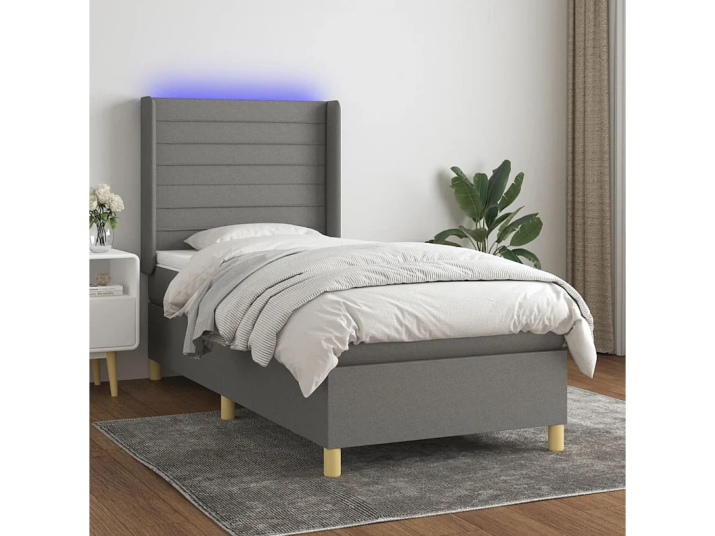 Conjunto Boxspring - 90x190 cm + Somieres + colchón + luces LED tela gris oscuro ES43128