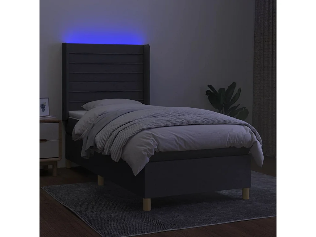 Conjunto Boxspring - 90x190 cm + Somieres + colchón + luces LED tela gris oscuro ES43128