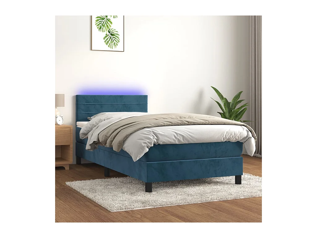Ensemble complet boxspring - 90x190 cm + sommier à lattes de lit + matelas + LED Bleu foncé SRGW79466