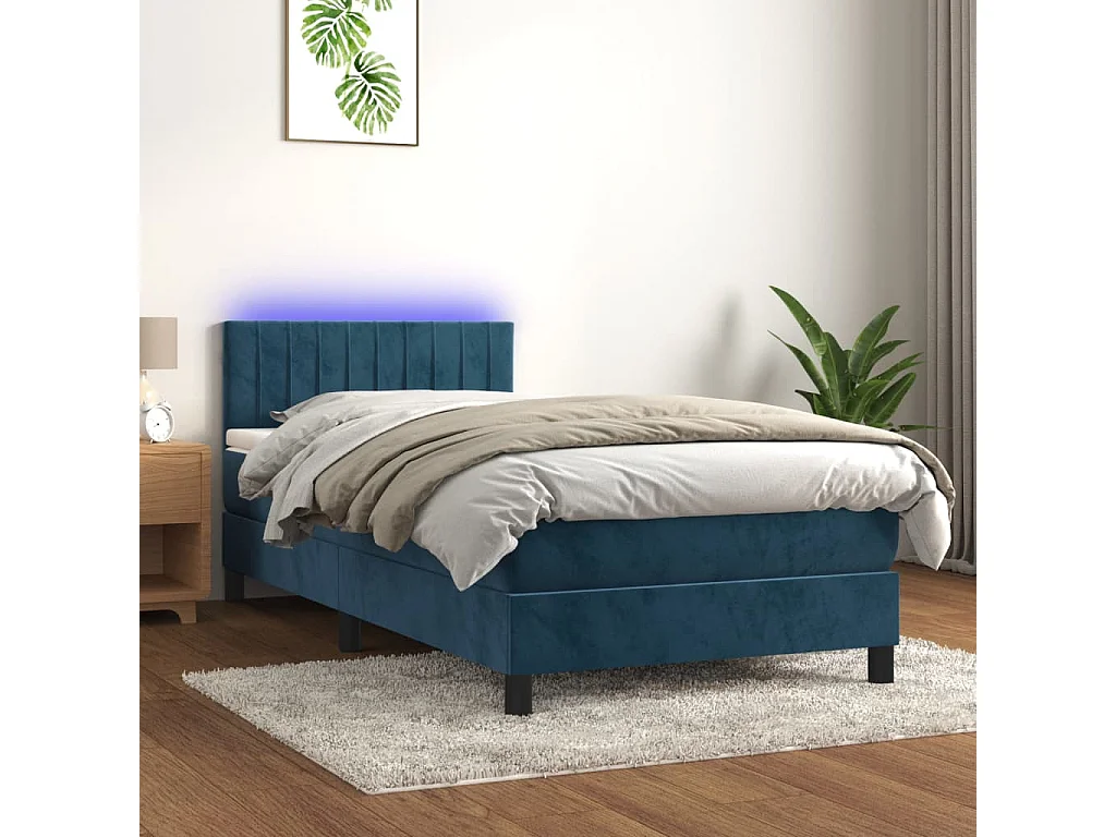 Cama continental c/ colchão/LED 100x200 cm veludo azul-escuro PT512610