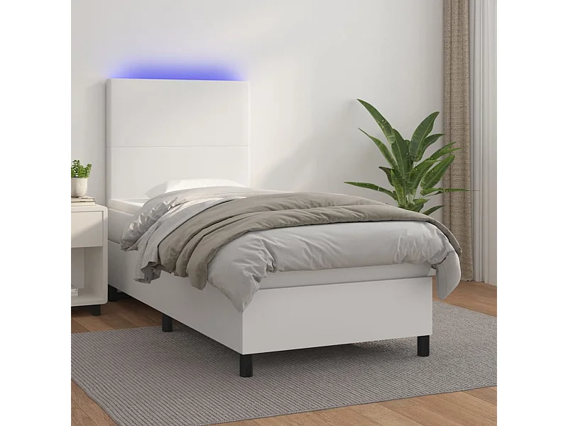 Cama continental c/ colchão/LED 80x200cm couro artificial branco PT838554