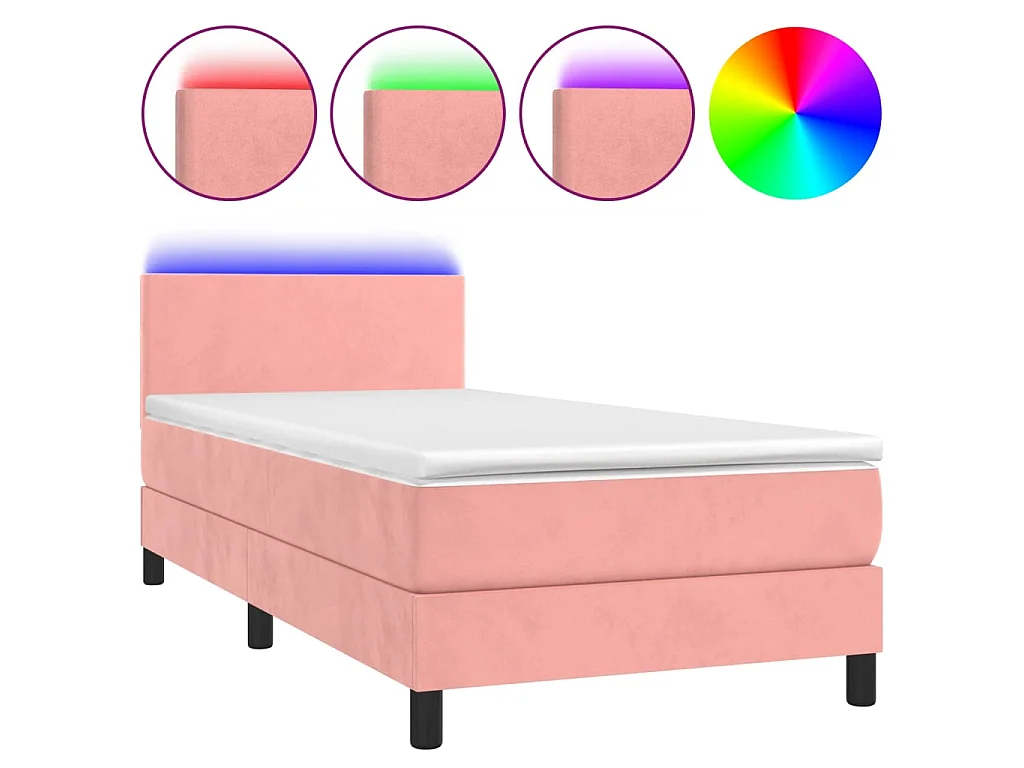 Conjunto Boxspring - 90x190 cm + Somieres + colchón + LED terciopelo rosa ES44159