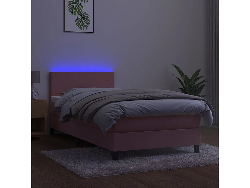 Conjunto Boxspring - 90x190 cm + Somieres + colchón + LED terciopelo rosa ES44159
