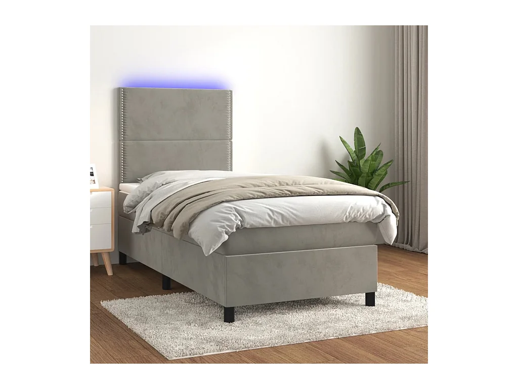 Cama continental c/ colchão/LED 100x200 cm veludo cinzento-claro PT166564