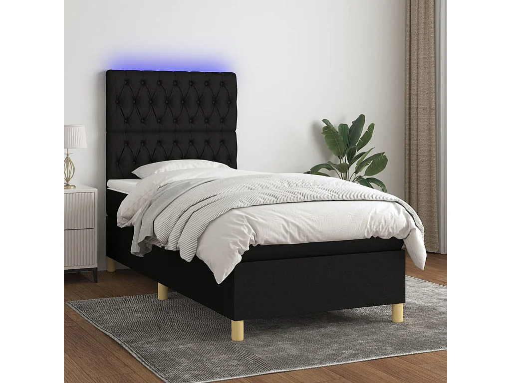 Conjunto Boxspring - 80x200 cm + Somieres + colchón + luces LED tela negro ES43430