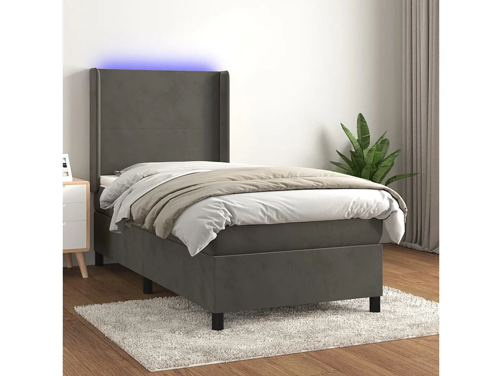 Conjunto Boxspring - 80x200 cm + Somieres + colchón + LED terciopelo gris oscuro ES42862