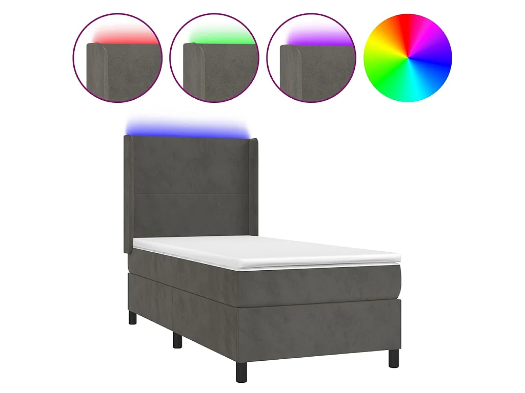 Conjunto Boxspring - 80x200 cm + Somieres + colchón + LED terciopelo gris oscuro ES42862