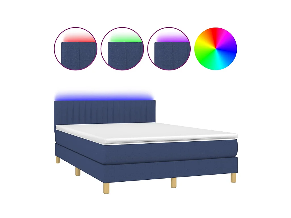 Conjunto Boxspring - 140x190 cm + Somieres + colchón + luces LED tela azul ES44414