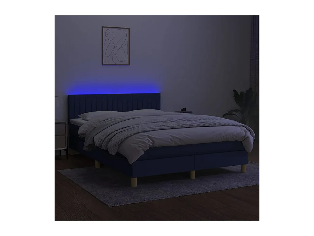 Conjunto Boxspring - 140x190 cm + Somieres + colchón + luces LED tela azul ES44414