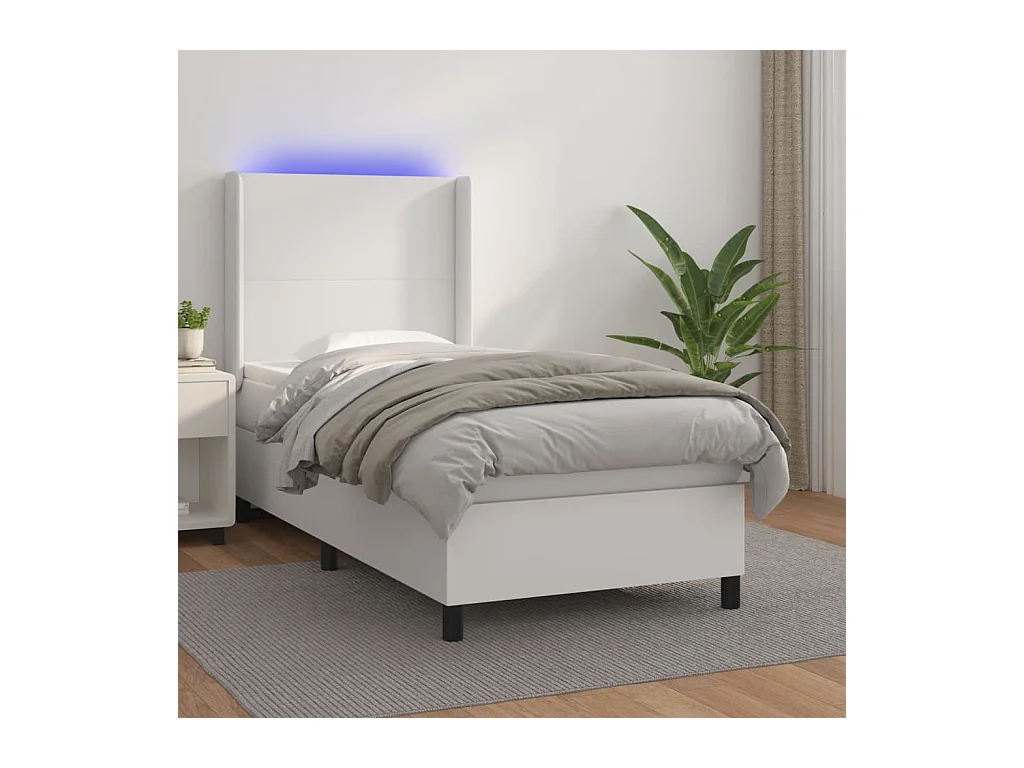 Cama continental c/ colchão/LED 80x200cm couro artificial branco PT562942