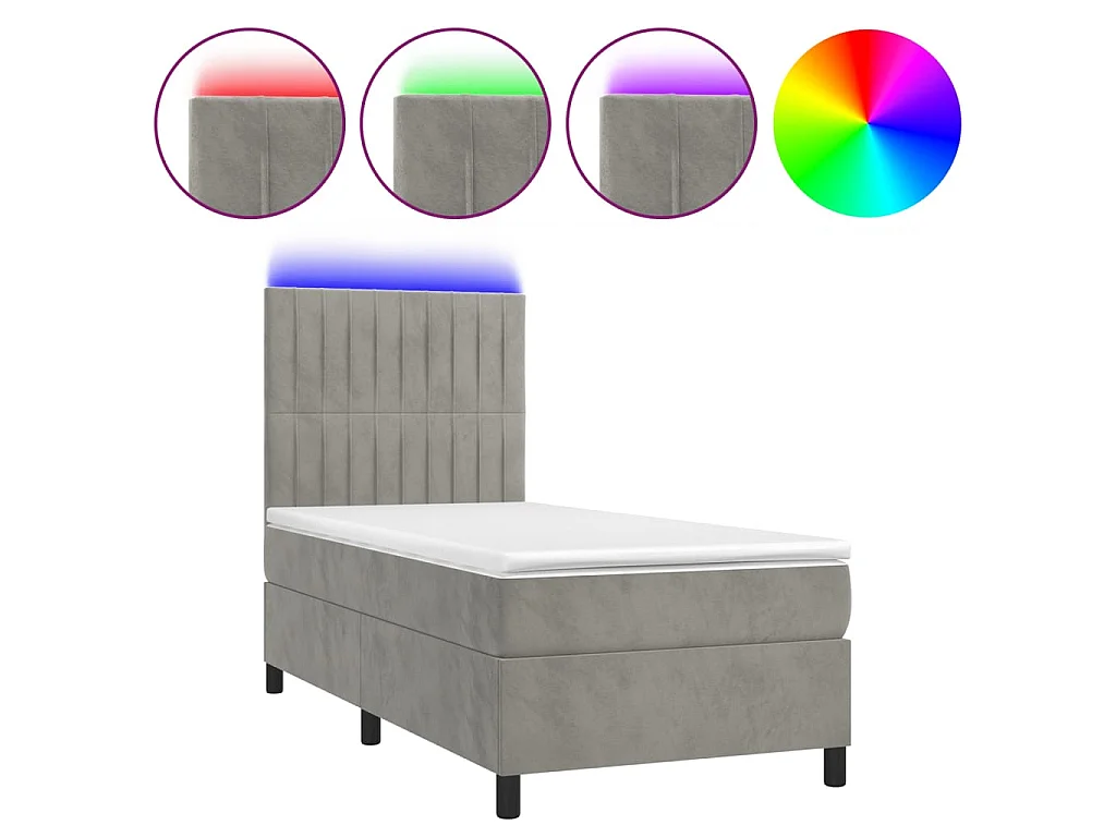 Cama continental c/ colchão/LED 90x200 cm veludo cinzento-claro PT962522