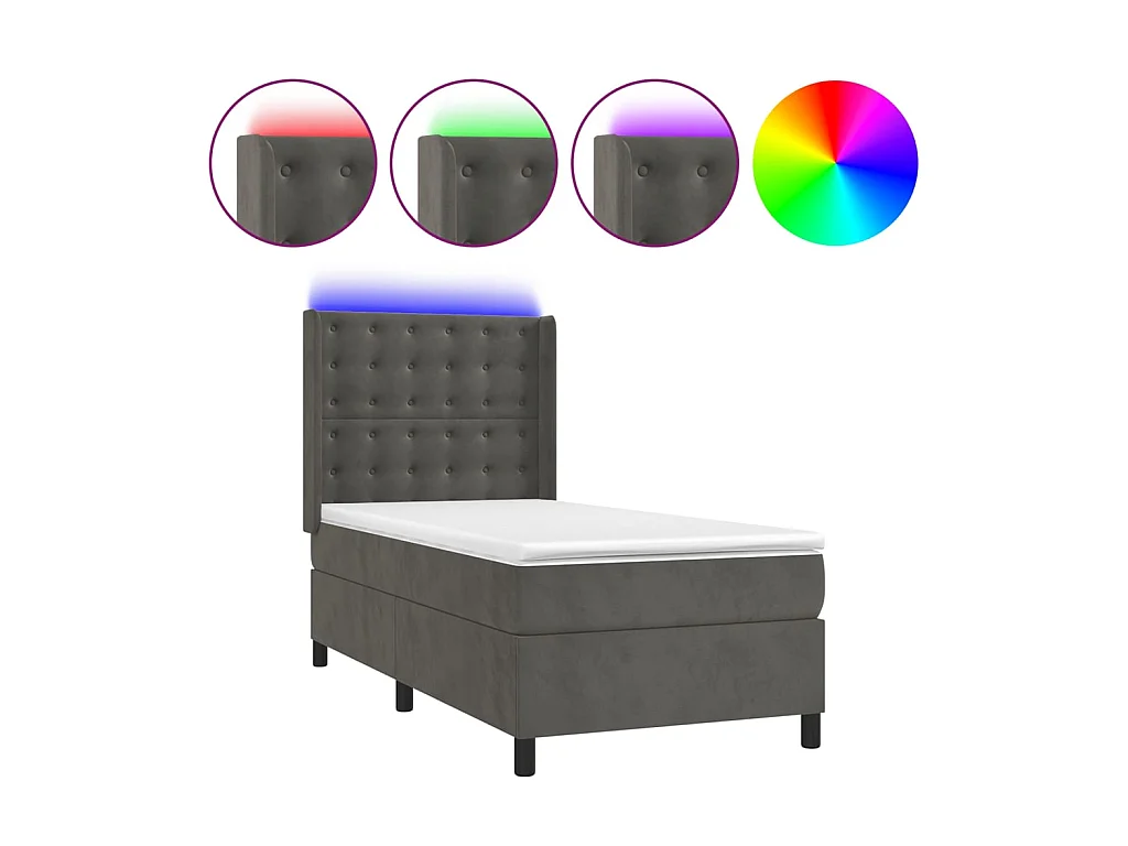 Conjunto Boxspring - 80x200 cm + Somieres + colchón + LED terciopelo gris oscuro ES43142