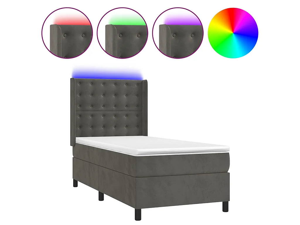 Conjunto Boxspring - 80x200 cm + Somieres + colchón + LED terciopelo gris oscuro ES43142